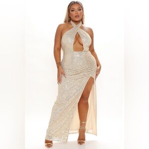 Fashion Nova Glittering Silver Backless Dress
